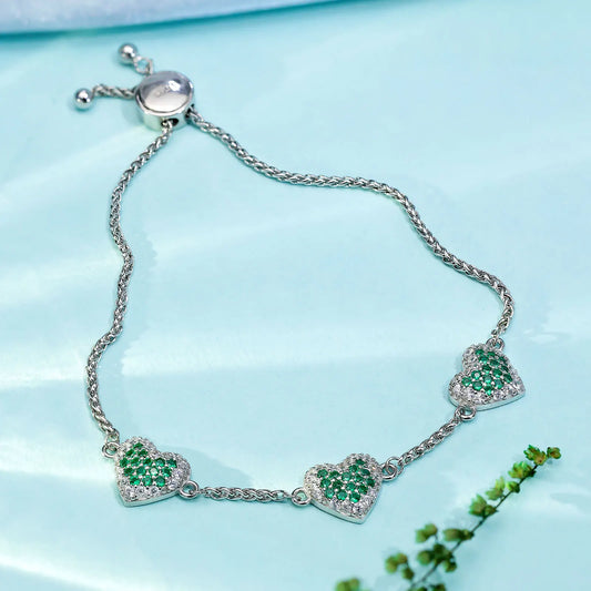 Emerald Triple Heart Bracelet For Women – 925 Sterling Silver Rhodium Plated