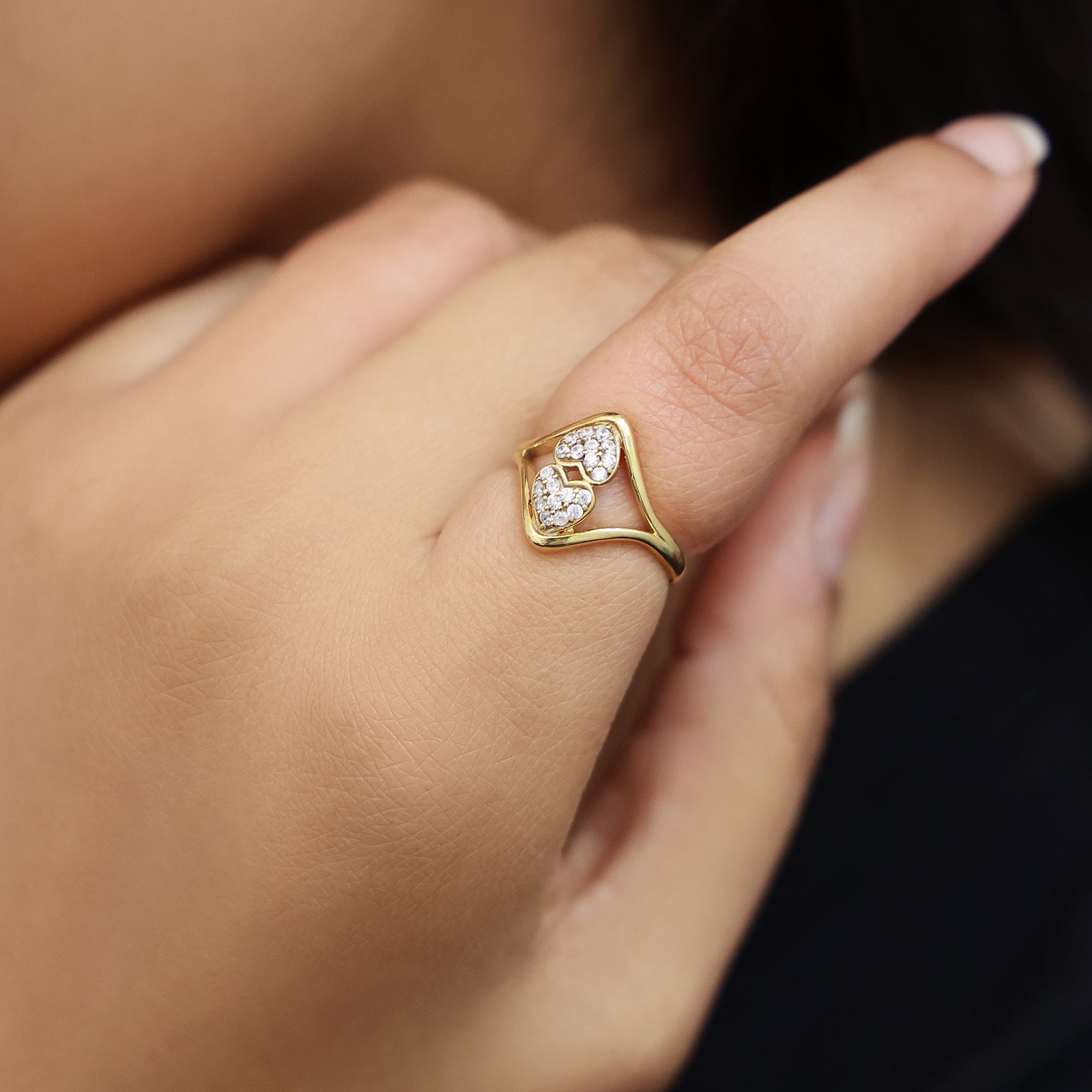 Classic Gold Plated Double Heart Silver Ring