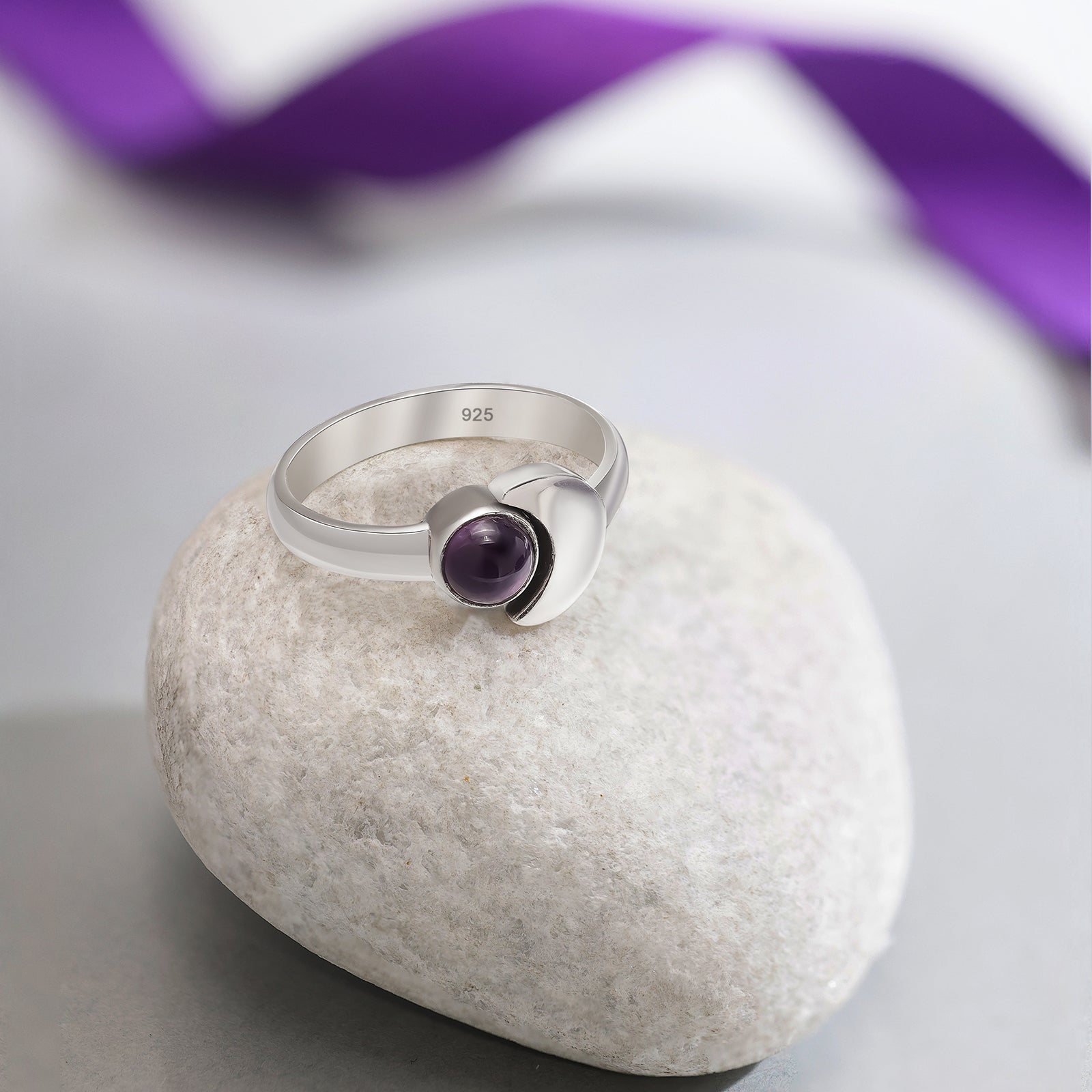 Silver Purple Stone Moon Ring