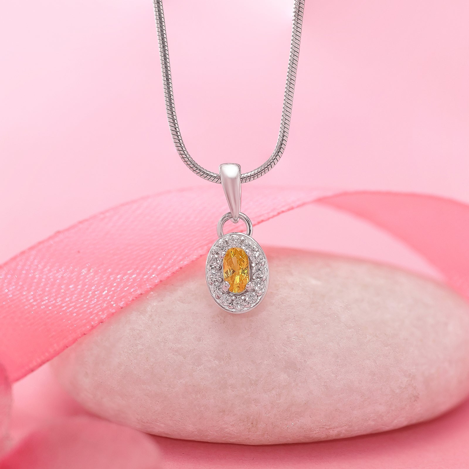 Yellow Oval Cut CZ Pendant Chain For Women – 925 Sterling Silver Rhodium Plated