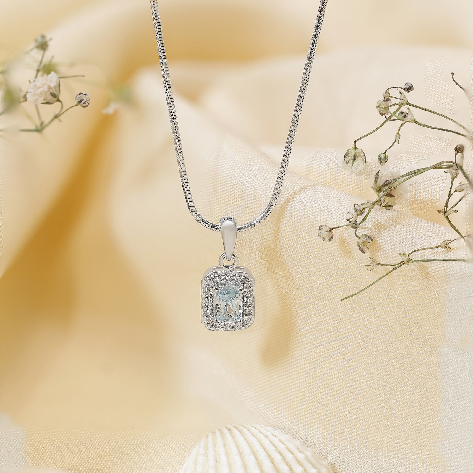 Aqua Blue Emerald Cut Pendant Chain For Women – 925 Sterling Silver Rhodium Plated