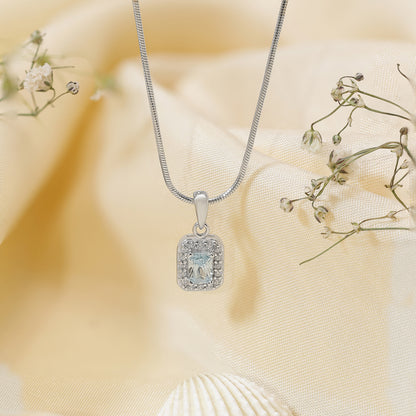 Aqua Blue Emerald Cut Pendant Chain For Women – 925 Sterling Silver Rhodium Plated