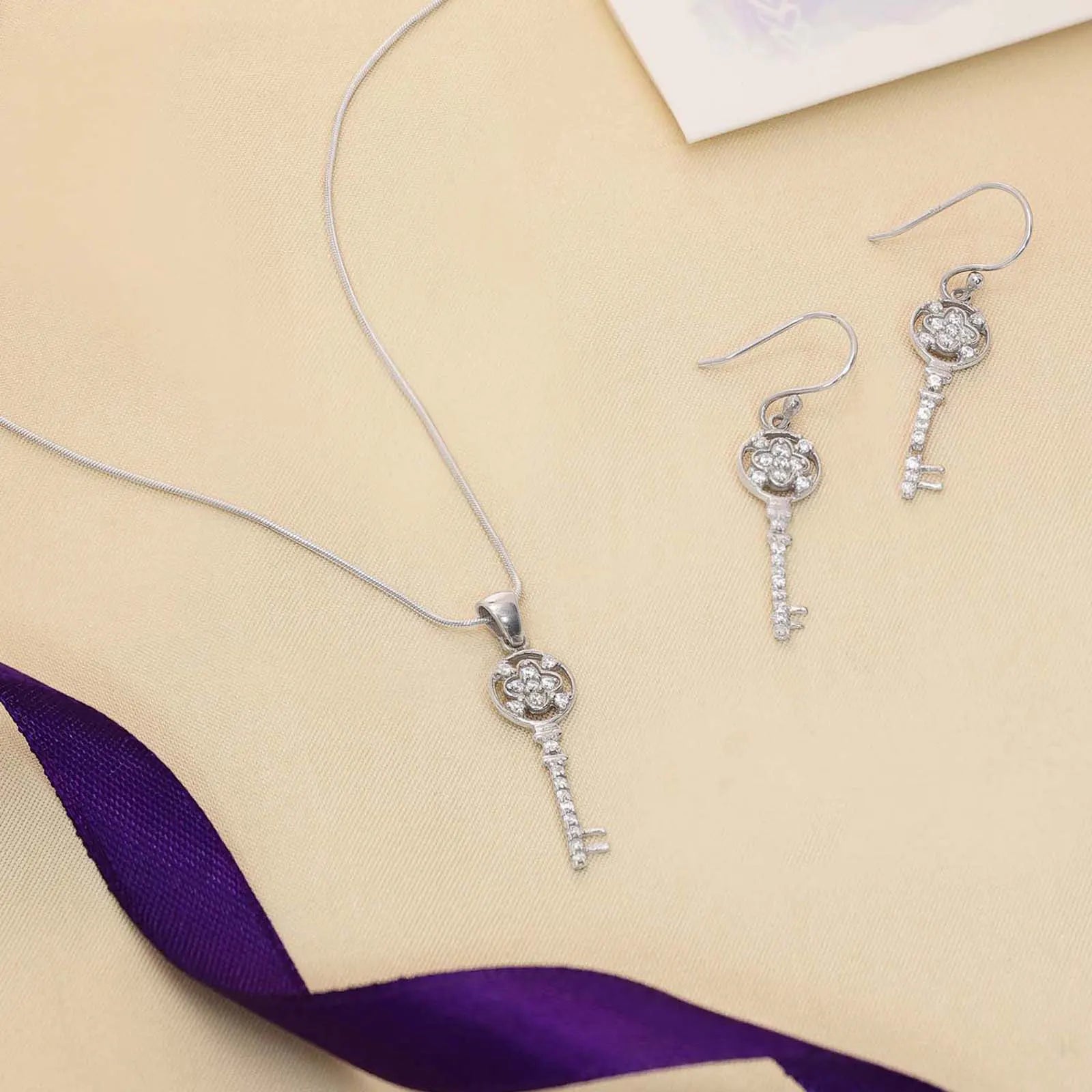 Silver Cubic Zirconia Key Pendant and Earrings Set - Tweov Jewels