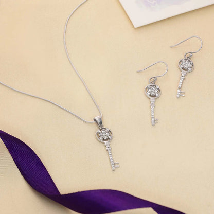 Silver Cubic Zirconia Key Pendant and Earrings Set - Tweov Jewels