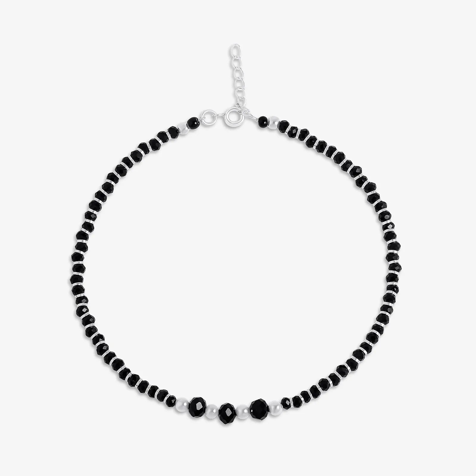 Black Crystal Beaded Silver Anklet - Tweov Jewels