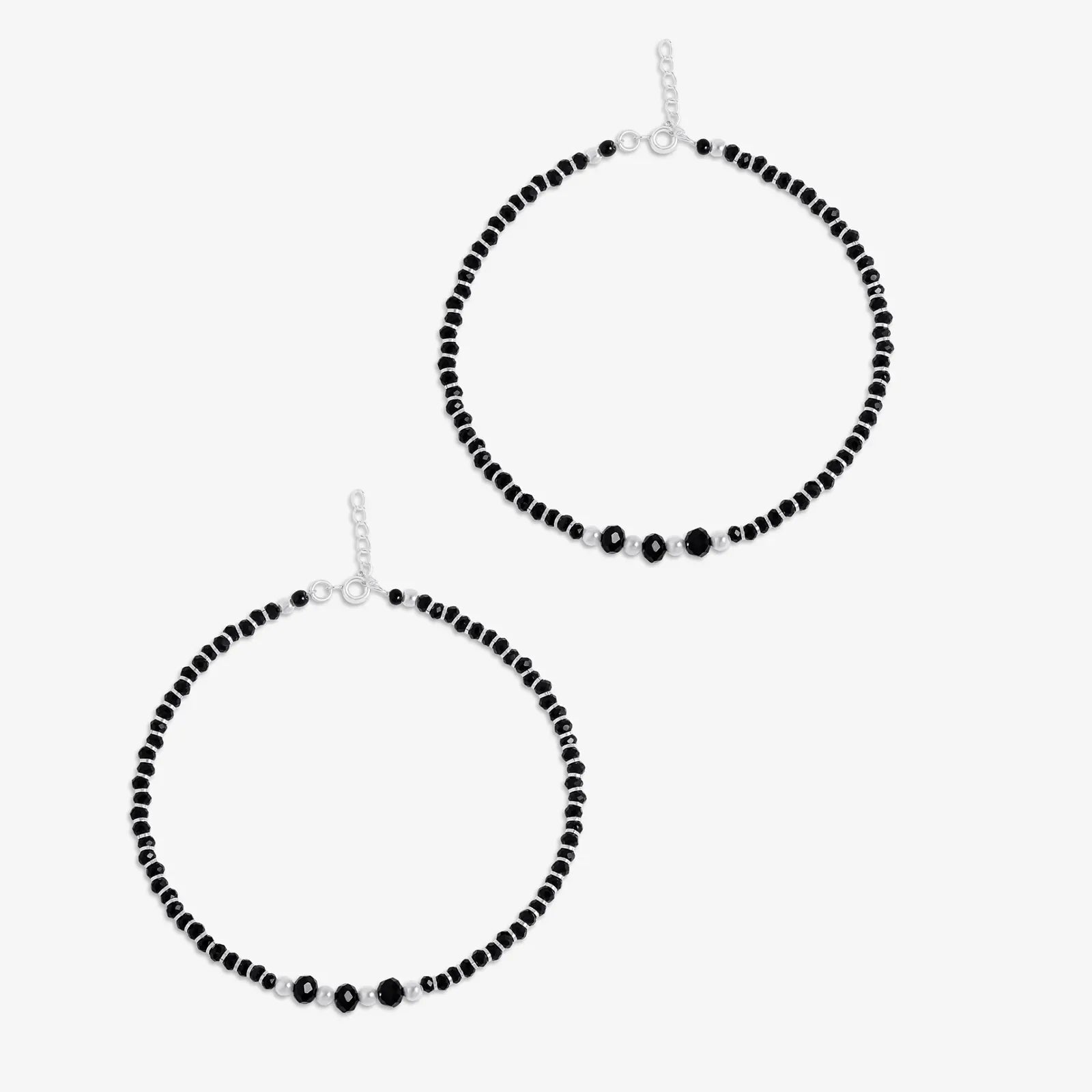 Black Crystal Beaded Silver Anklet - Tweov Jewels