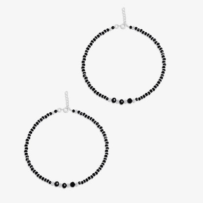 Black Crystal Beaded Silver Anklet - Tweov Jewels