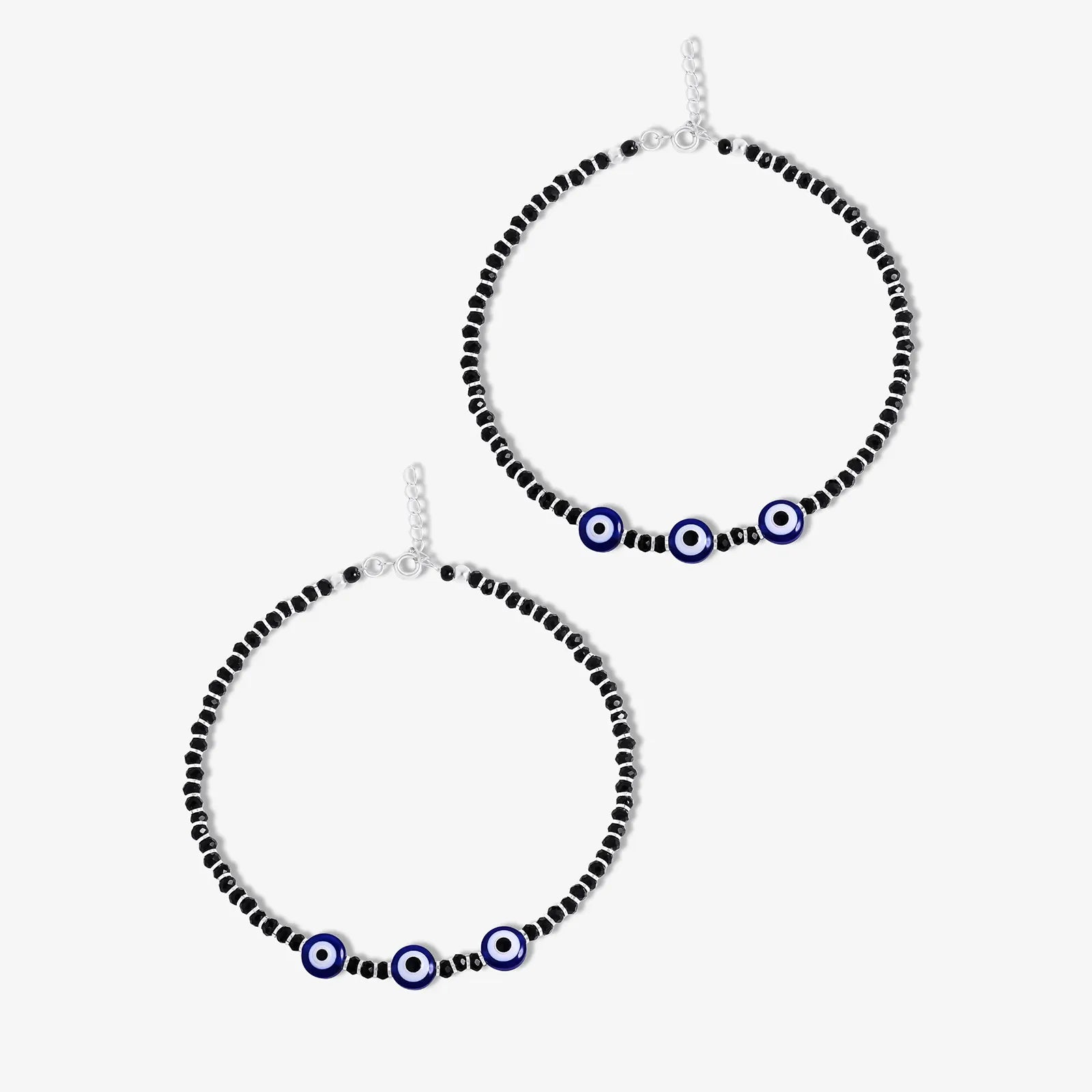 Nazariya Evil Eye Black Beads Silver Anklet - Tweov Jewels