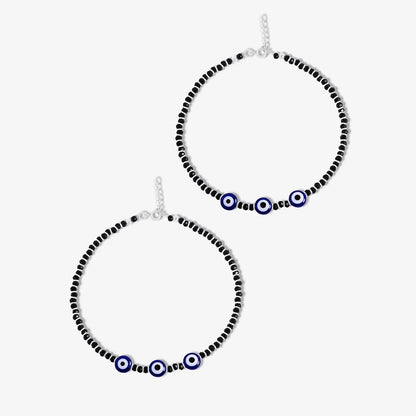 Nazariya Evil Eye Black Beads Silver Anklet - Tweov Jewels