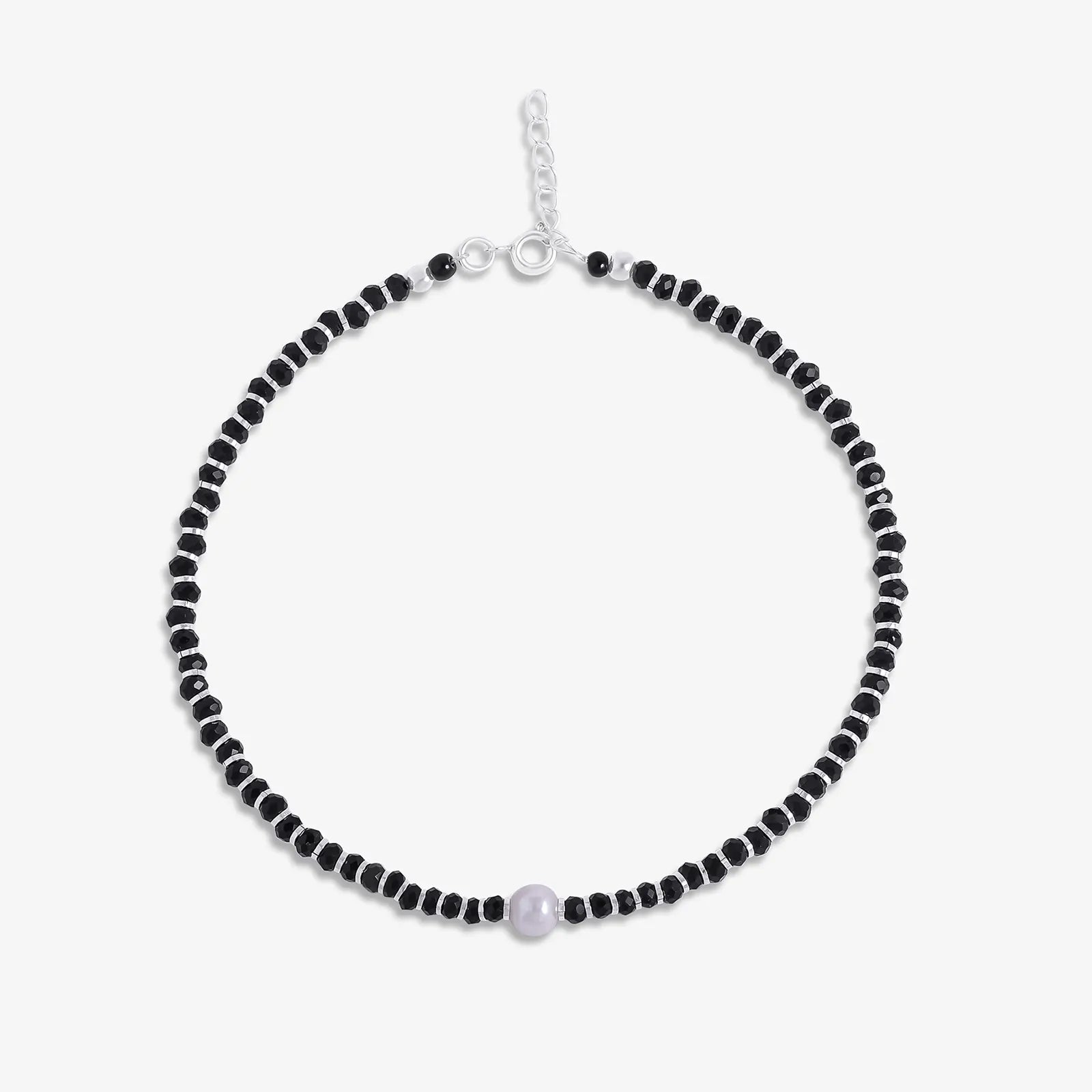 Shiny Pearl & Black Beads Silver Anklet - Tweov Jewels