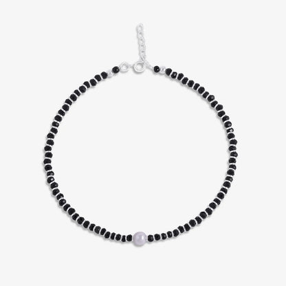 Shiny Pearl & Black Beads Silver Anklet - Tweov Jewels