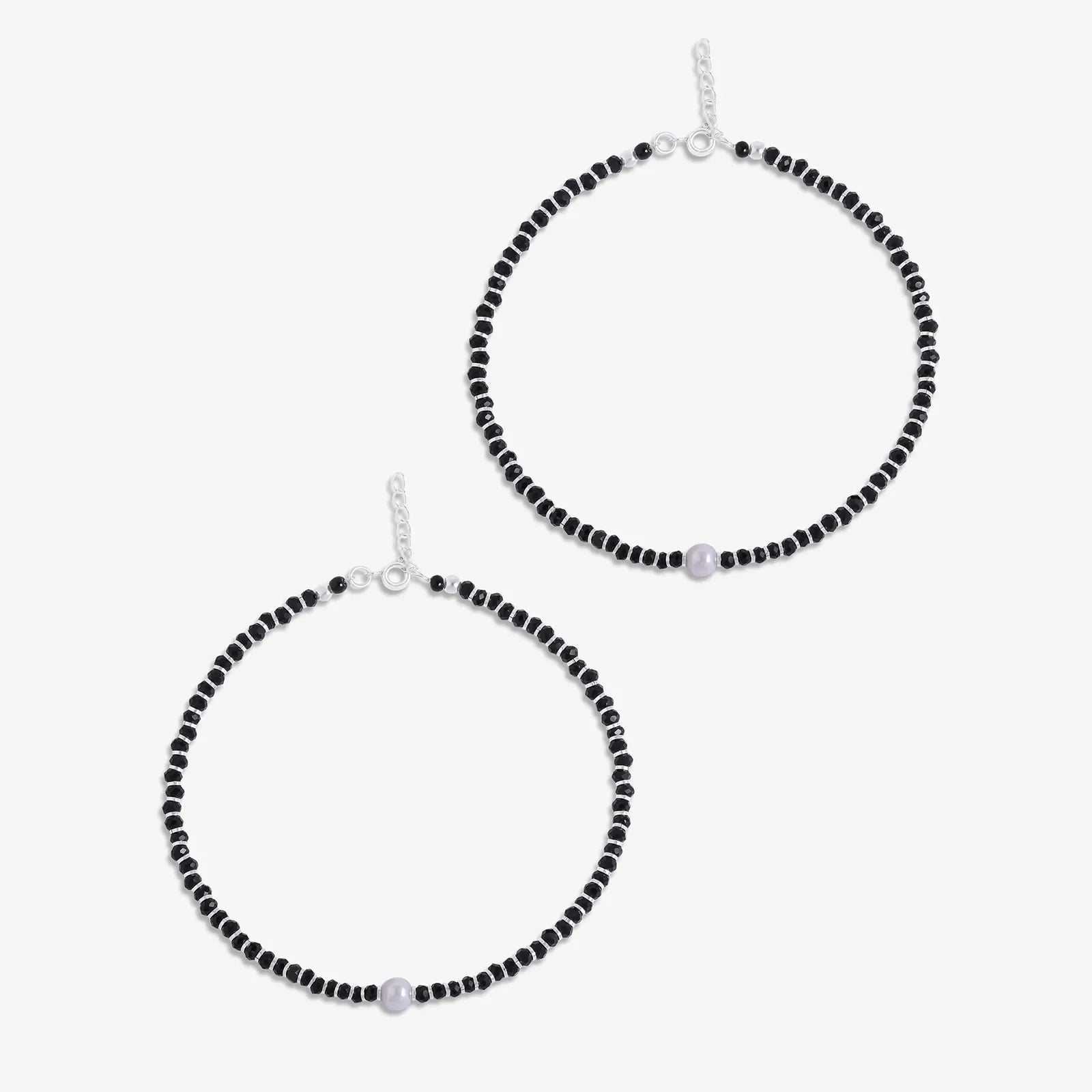 Shiny Pearl & Black Beads Silver Anklet - Tweov Jewels