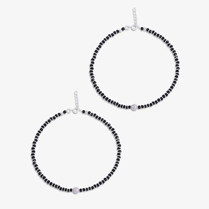 Shiny Pearl & Black Beads Silver Anklet - Tweov Jewels