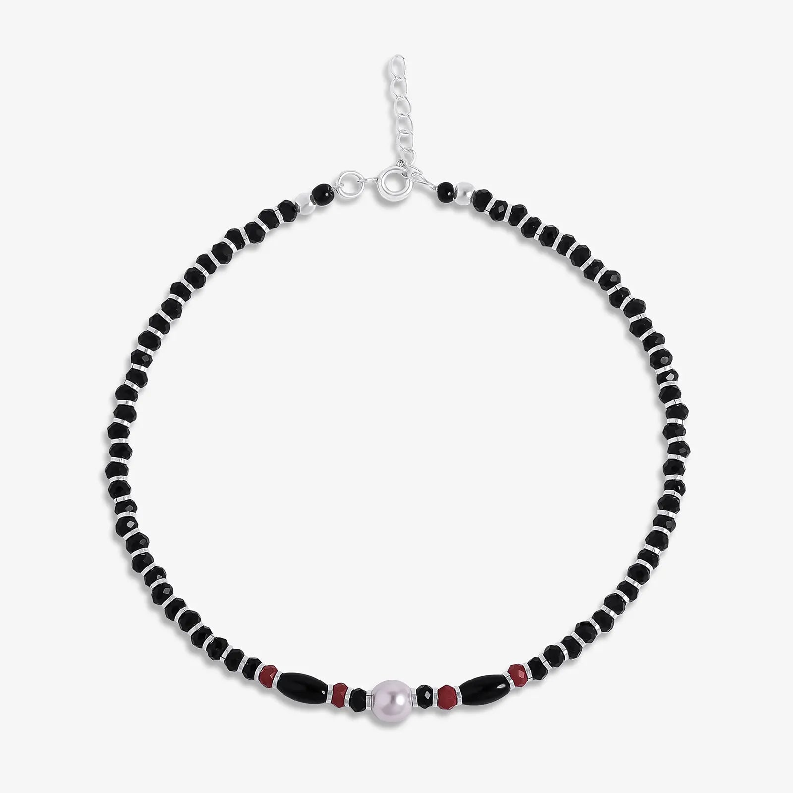 Pearl Charm & Red Black Beads Silver Anklet - Tweov Jewels
