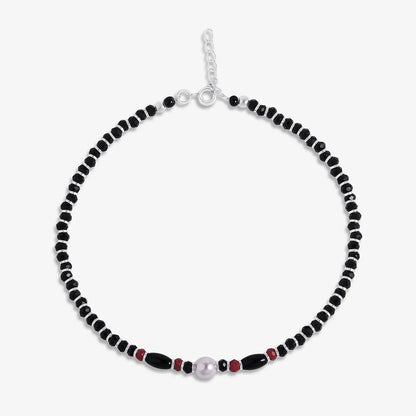 Pearl Charm & Red Black Beads Silver Anklet - Tweov Jewels