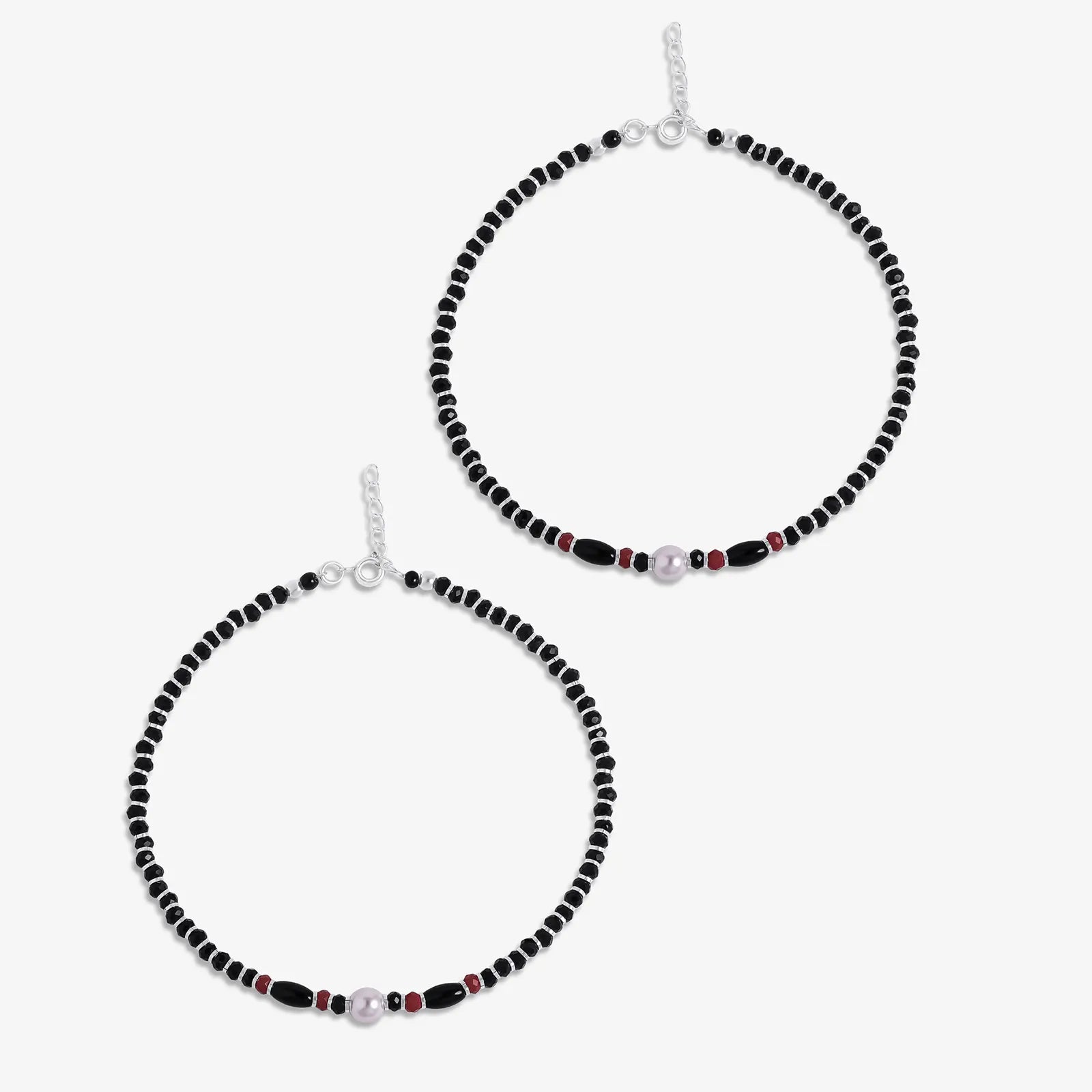 Pearl Charm & Red Black Beads Silver Anklet - Tweov Jewels