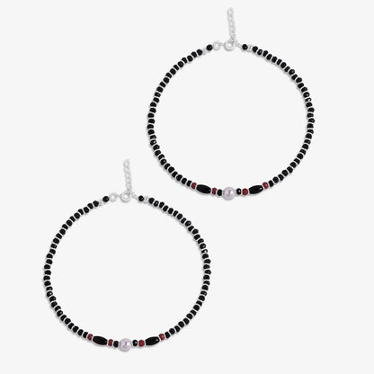 Pearl Charm & Red Black Beads Silver Anklet - Tweov Jewels