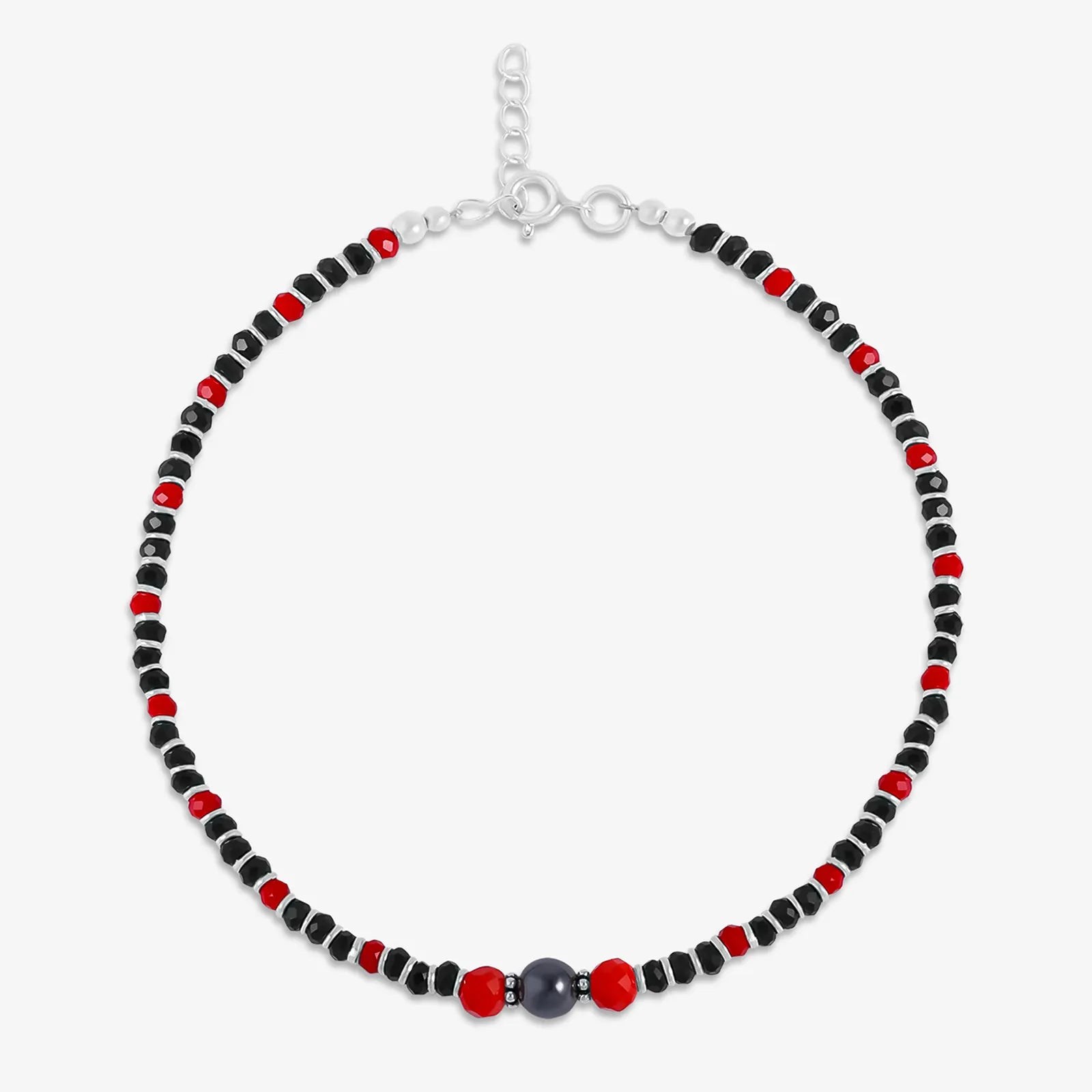 Ruby & Black Beads Silver Anklets - Tweov Jewels