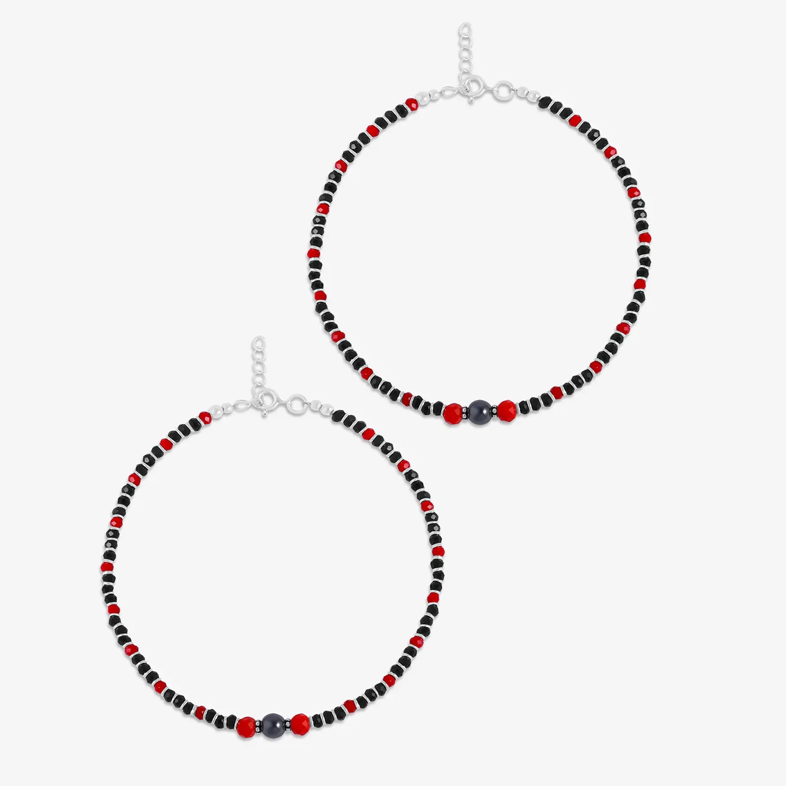 Ruby & Black Beads Silver Anklets - Tweov Jewels