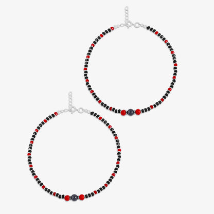 Ruby & Black Beads Silver Anklets - Tweov Jewels