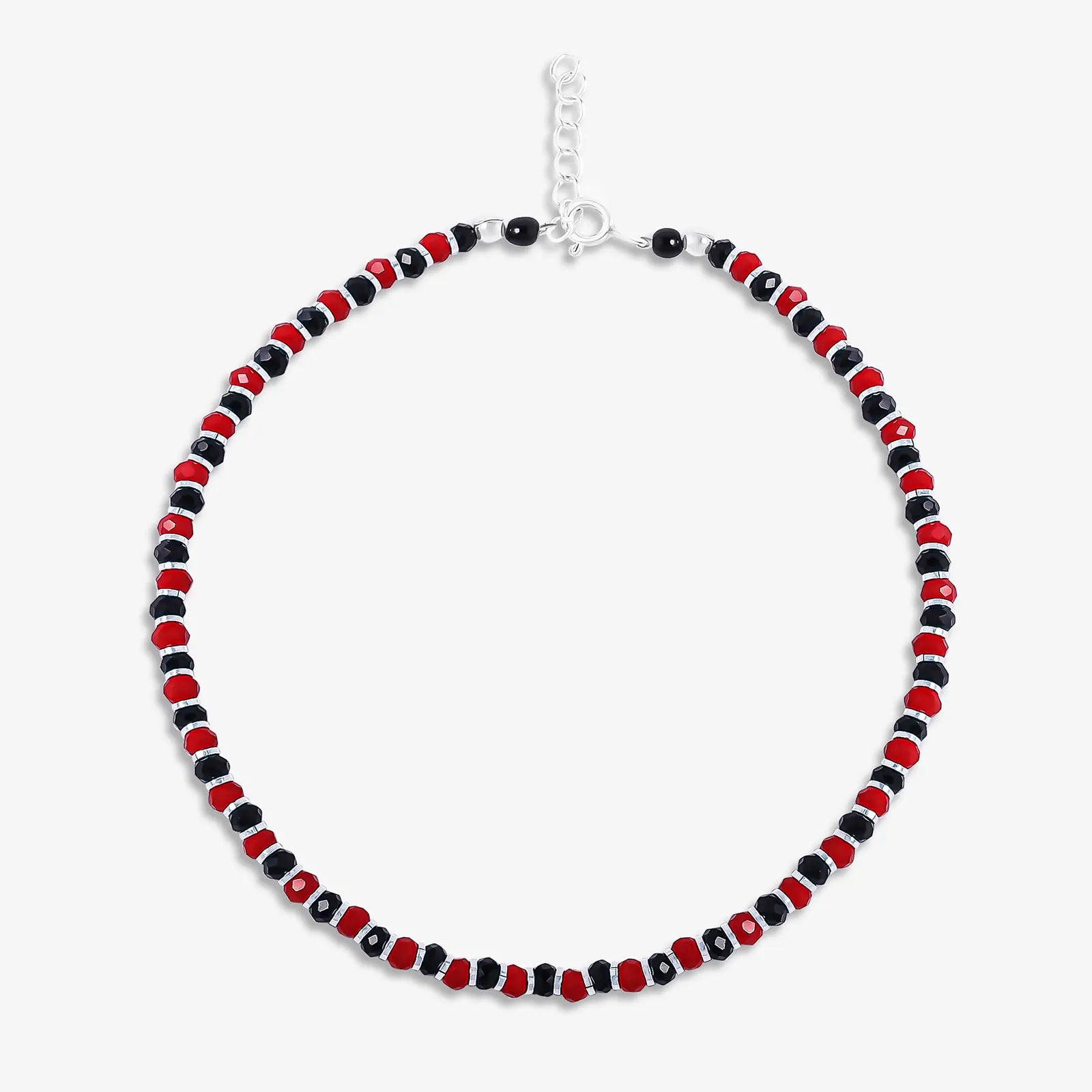 Red & Black Beads Silver Anklet - Tweov Jewels