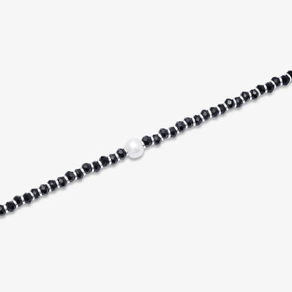 Shiny Pearl & Black Beads Silver Anklet - Tweov Jewels