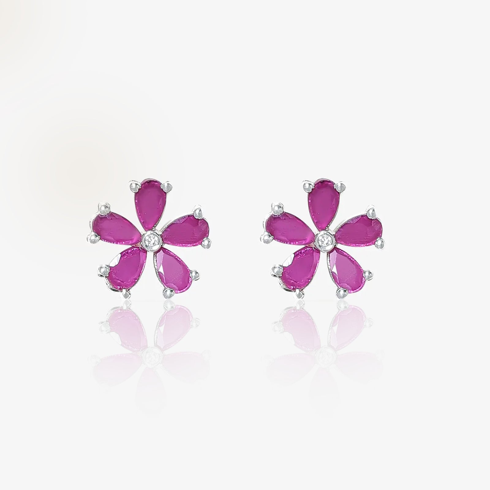 Pink Floral Silver Stud Earrings
