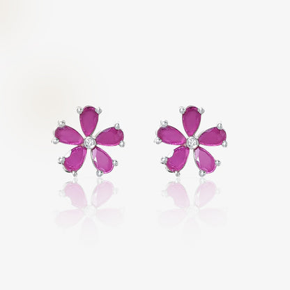 Pink Floral Silver Stud Earrings