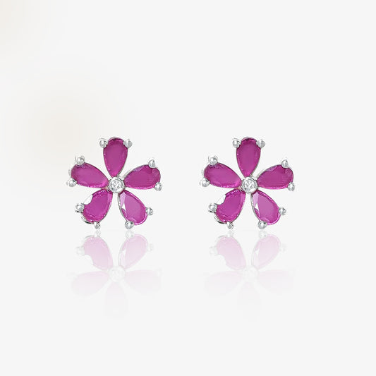 Pink Floral Silver Stud Earrings