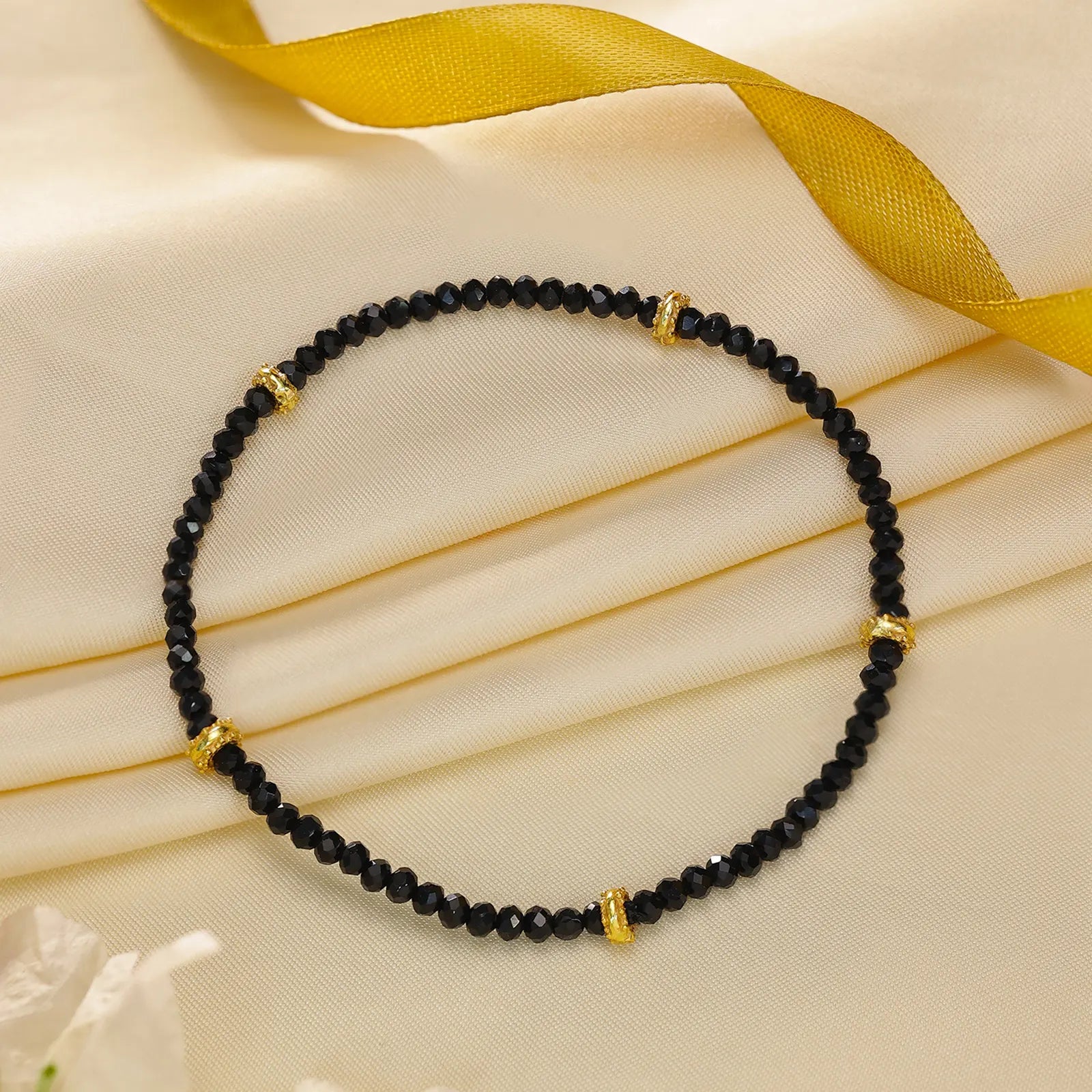 Golden & Black Beads Silver Anklet - Tweov Jewels