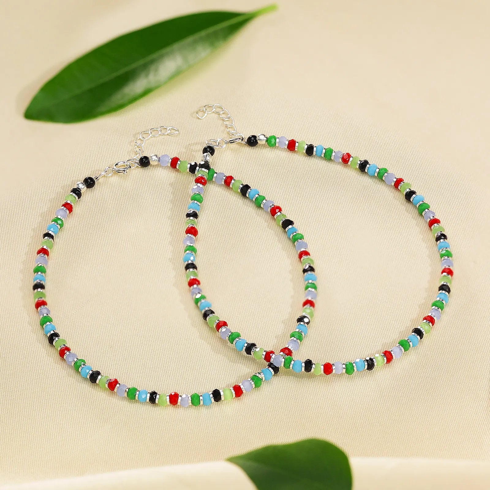 Multicolor Crystal Beads Silver Anklet - Tweov Jewels