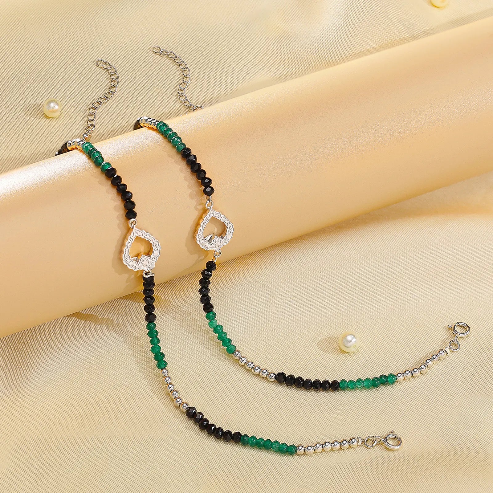 Black-Green Crystal Beaded Silver Heart Anklet - Tweov Jewels