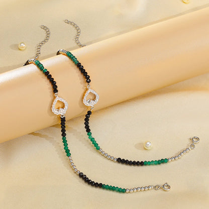 Black-Green Crystal Beaded Silver Heart Anklet - Tweov Jewels