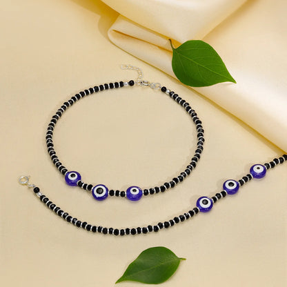 Nazariya Evil Eye Black Beads Silver Anklet - Tweov Jewels