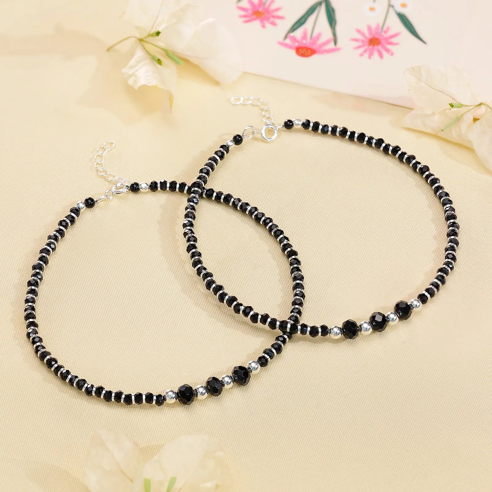 Black Crystal Beaded Silver Anklet - Tweov Jewels