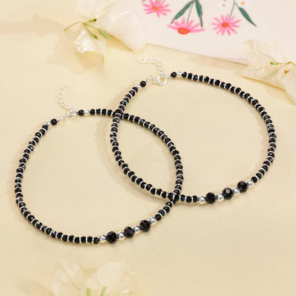 Black Crystal Beaded Silver Anklet - Tweov Jewels
