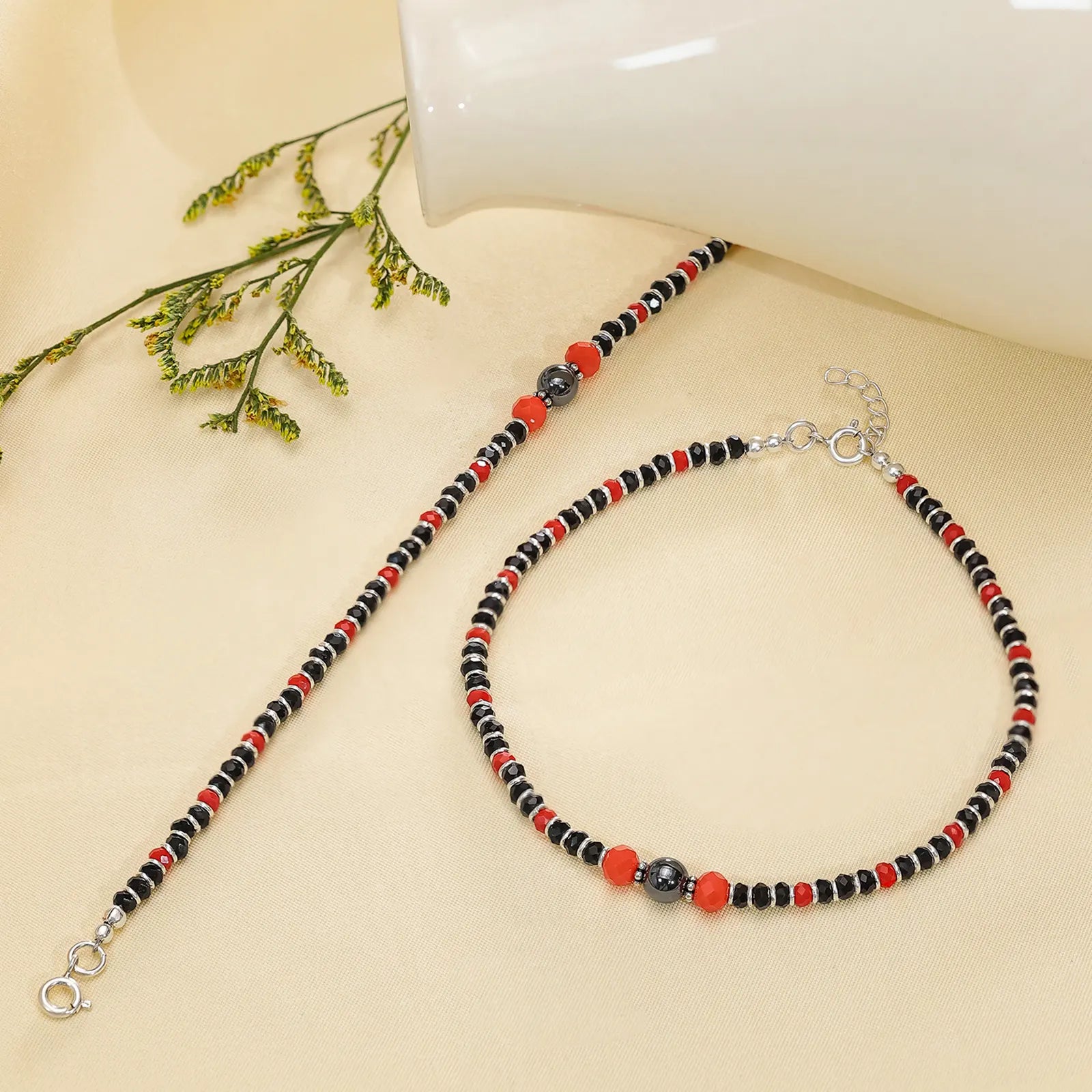 Ruby & Black Beads Silver Anklets - Tweov Jewels
