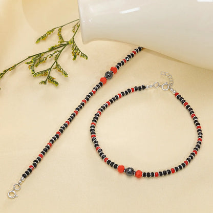 Ruby & Black Beads Silver Anklets - Tweov Jewels