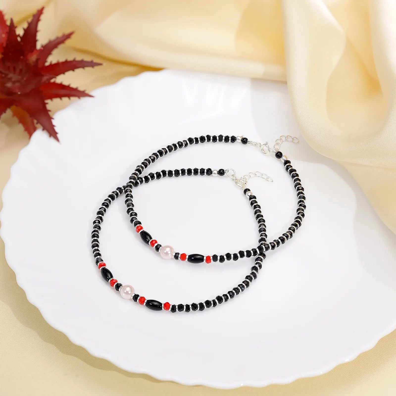 Pearl Charm & Red Black Beads Silver Anklet - Tweov Jewels