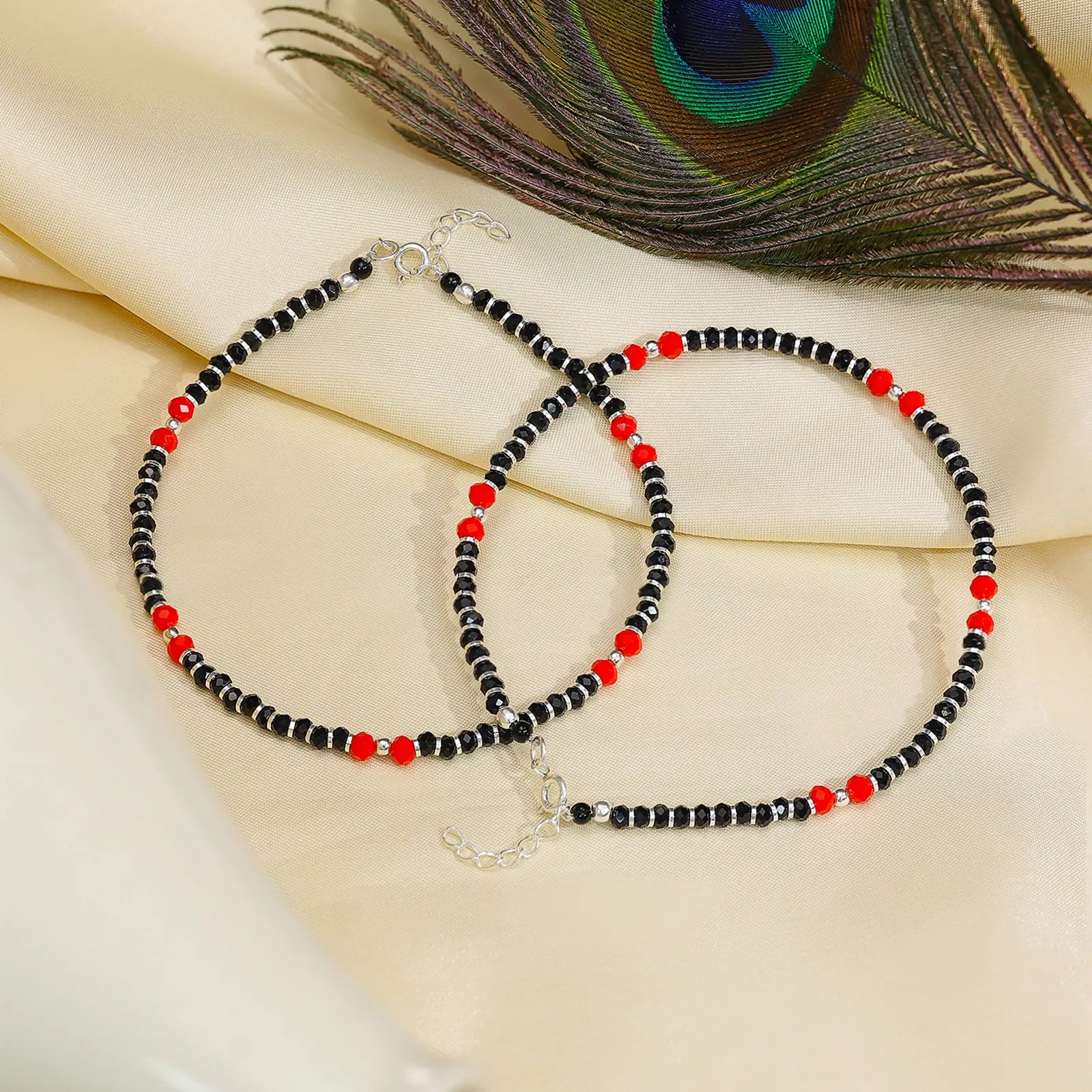 Beaded Red & Black Silver Anklet - Tweov Jewels