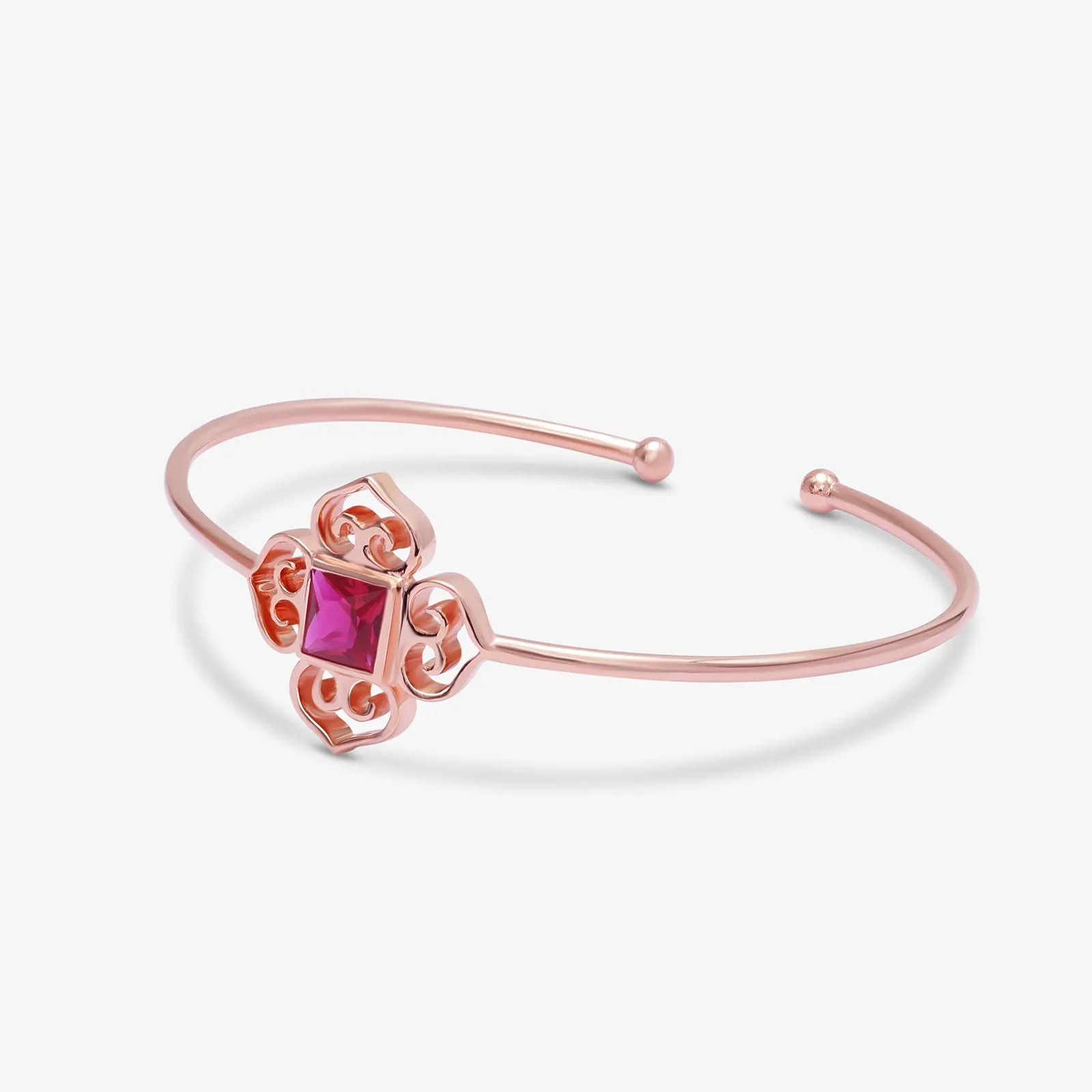 Rose Gold Pink Stone Floral Silver Cuff Bracelet