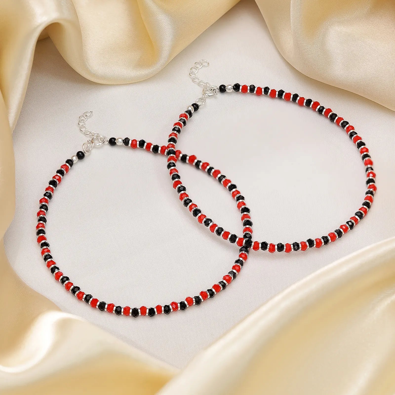 Red & Black Beads Silver Anklet - Tweov Jewels