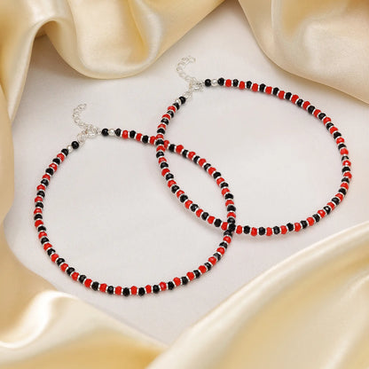 Red & Black Beads Silver Anklet - Tweov Jewels