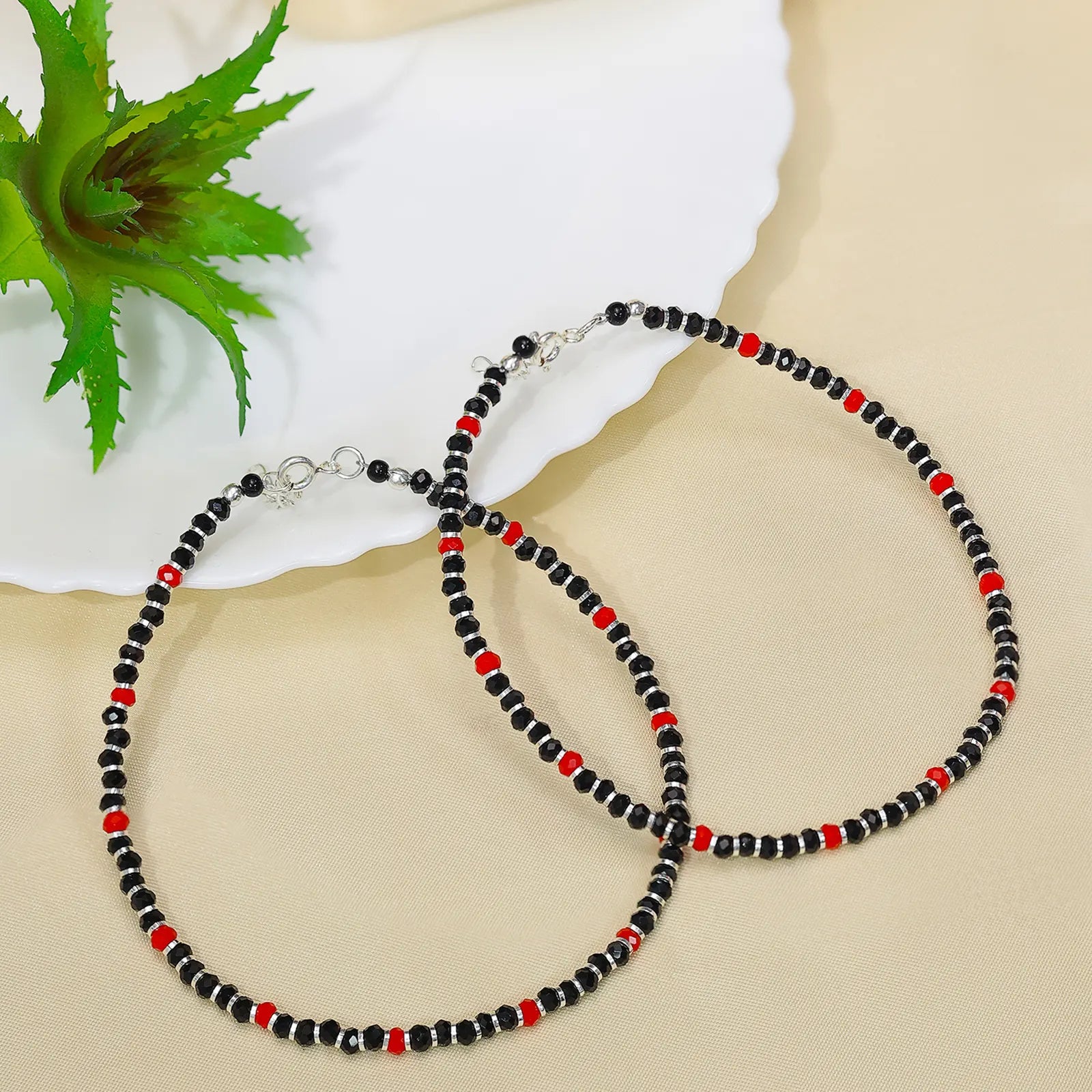 Trendy Red & Black Beads Silver Anklet - Tweov Jewels