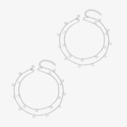 925 Sterling Silver Double Layer Cz Silver Anklet - Tweov Jewels