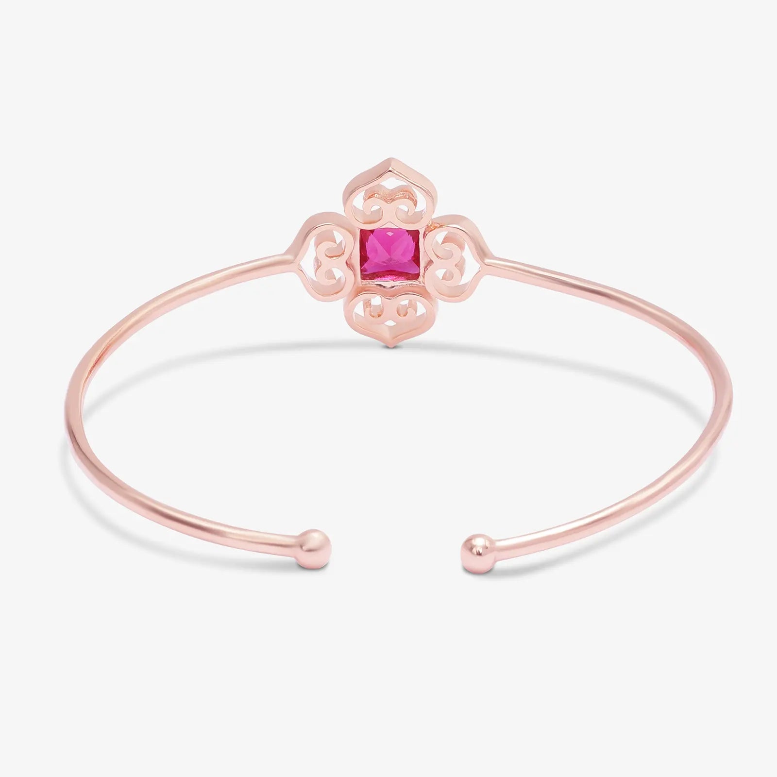 Rose Gold Pink Stone Floral Silver Cuff Bracelet
