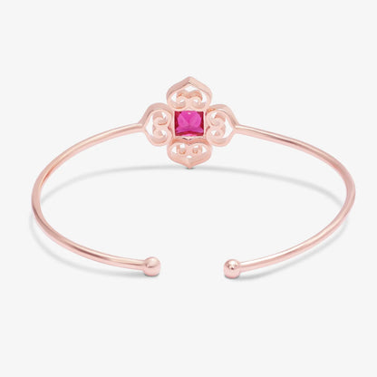 Rose Gold Pink Stone Floral Silver Cuff Bracelet