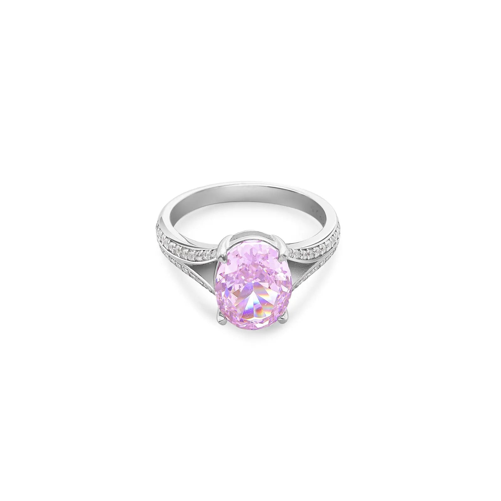 Pink Solitaire Split-Shank Ring For Women – 925 Sterling Silver Rhodium Plated