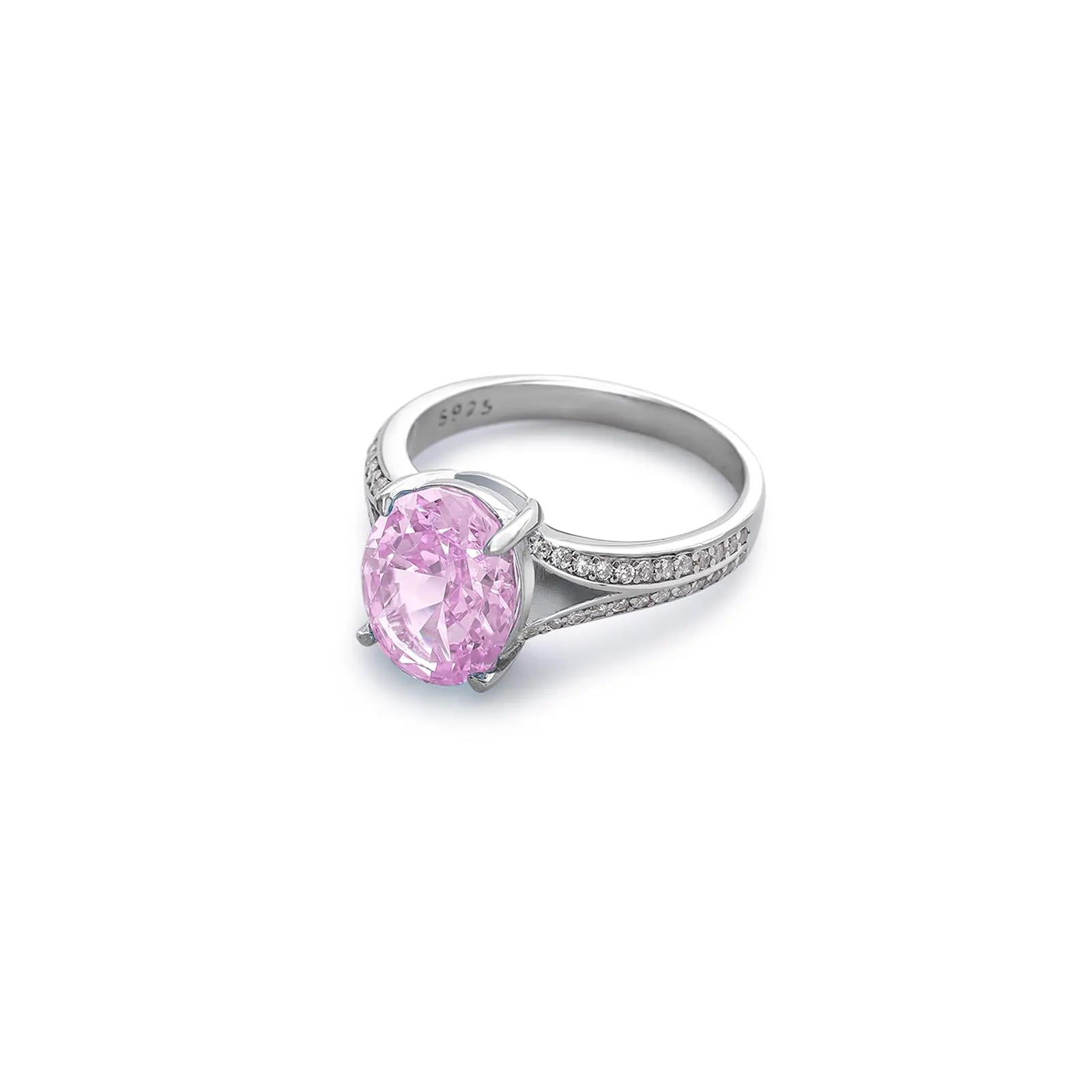 Pink Solitaire Split-Shank Ring For Women – 925 Sterling Silver Rhodium Plated