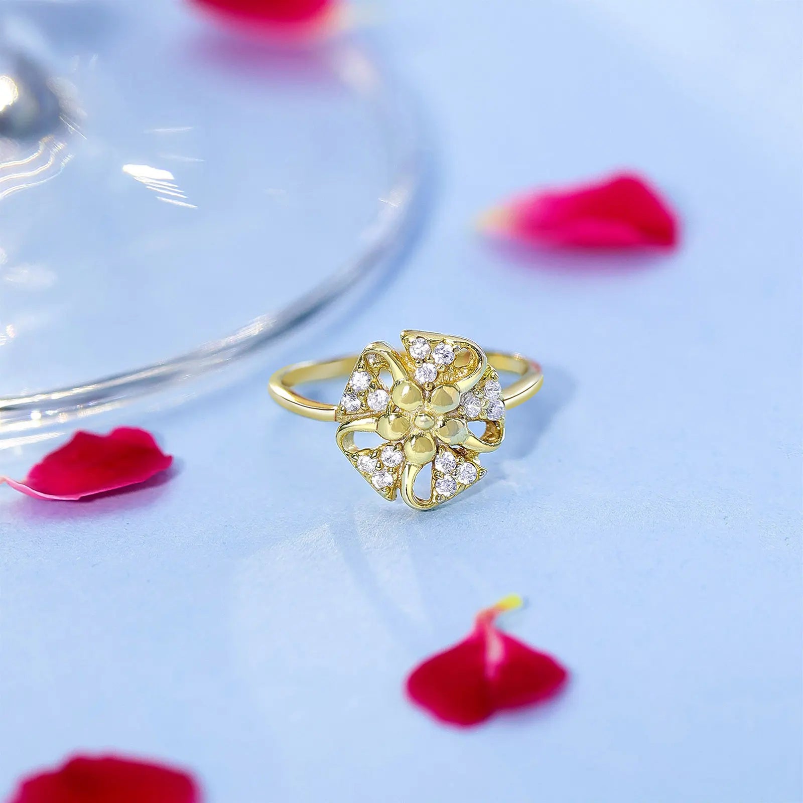 Gold Plated Designer Flower Silver Ring - Tweov Jewels